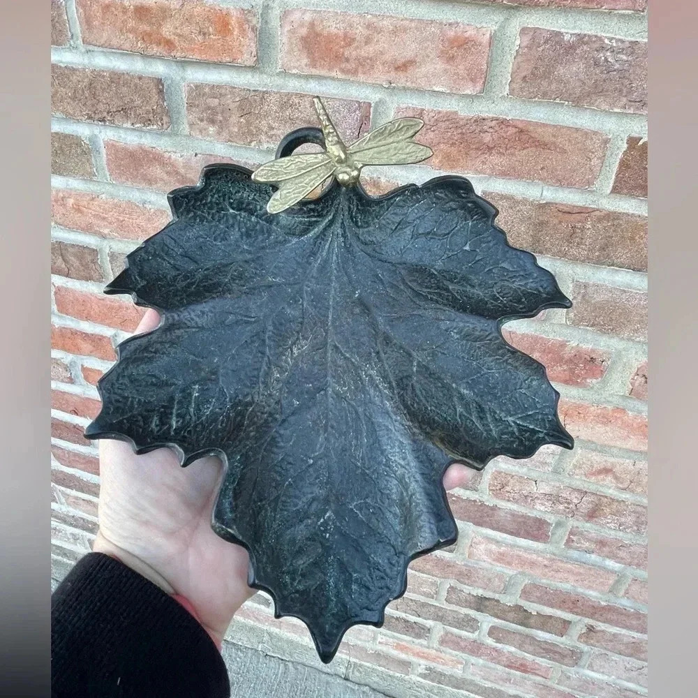 Large Brass Leaf Dragon Fly Trinket Dish Bowl Plate Catchall Accent MCM